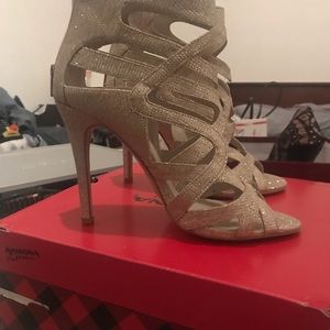 Gold cutout open toe heels